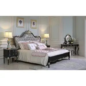 Nuovo design per classico europeo di cuoio di lusso king size letto in legno intagliato, golden leaf letto