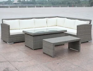 Sofa anyaman besar bentuk L, Set perabotan rotan Jerman luar ruangan kain aluminium kayu Halaman Pantai Restoran