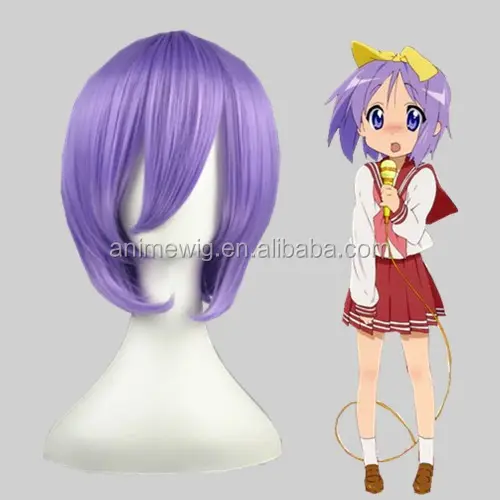 High Quality 35cm Short Straight Lucky Star Hiiragi Tsukasa Light Purple Wigs Cosplay Synthetic Anime Cosplay Costume Hair Wigs