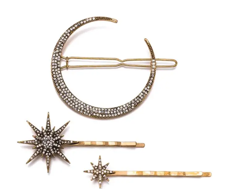 H36-076 vintage metal rhinestone moon star snowflake hair clips set women hair jewelry accessories