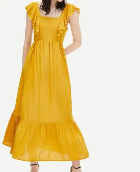 Gaun Midi Desain Awet untuk Wanita, Gaun Lengan Berkerut Warna Kuning, Gaun Midi Ikat Belakang