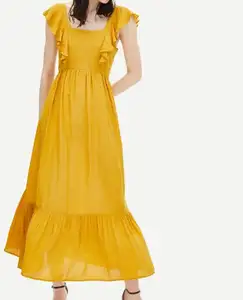 lasted design women ruffles sleeve yellow dress tie back midi dress