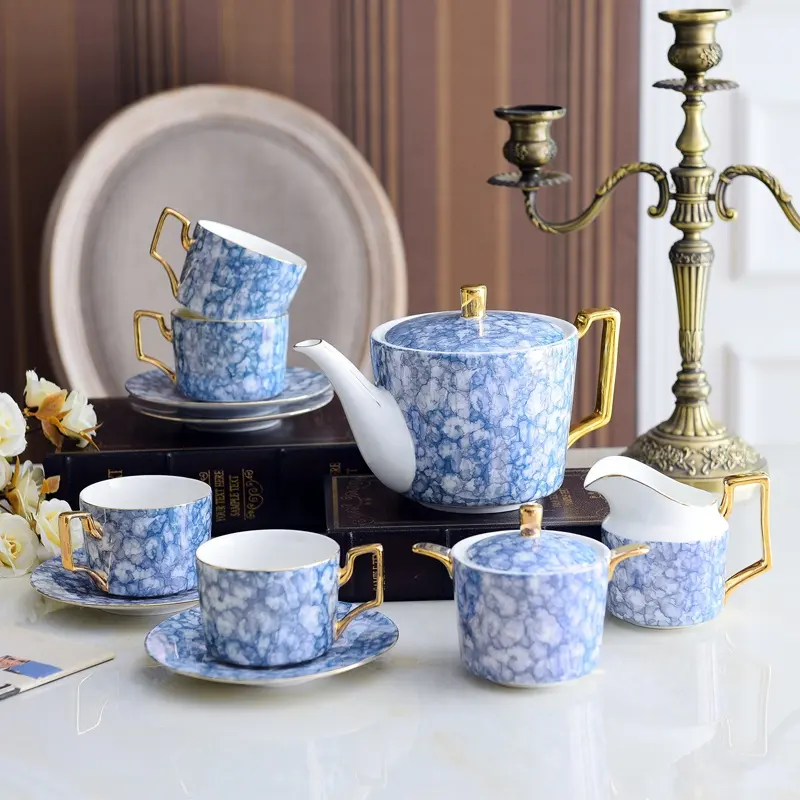 Ceramic blue marble tea cup and saucer nordic porcelain coffee cup dish teapot milk pot sugar bowl set adding your logo