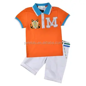 England Custom Sport Suit Design Kids Garment Boys T-shirt Pants Casual OEM Service Knitted Polo Embroidery Designs Orange Pique