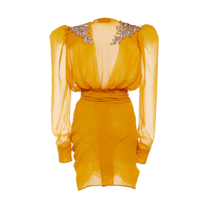Signore Vestito Chiffon Con Scollo A V Sexy Delle Donne Del Partito <span class=keywords><strong>Giallo</strong></span> <span class=keywords><strong>Mini</strong></span> Vestito - Product Image 2