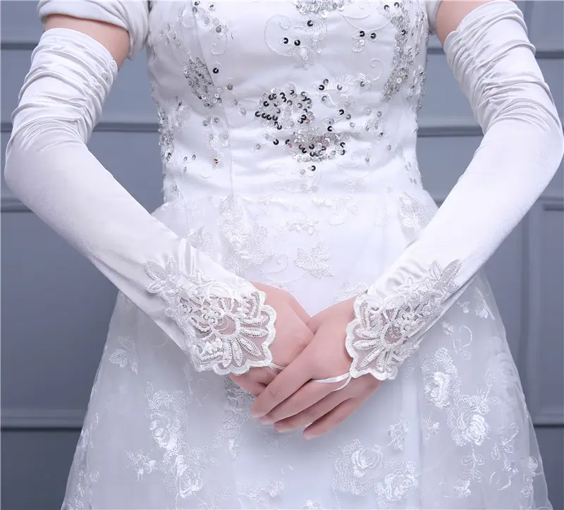 Morili Sarung Tangan Pengantin Satin, Sarung Tangan Putih Renda Panjang untuk Pernikahan