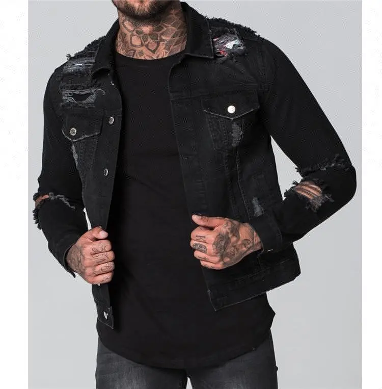 रॉयल वुल्फ डेनिम जैकेट निर्माता काले एसिड धोने फट डेनिम जैकेट पुरुषों डेनिम जीन जैकेट
