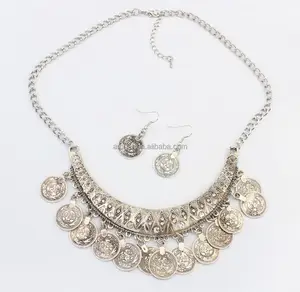 European and American Vintage Gold Silver Coin Statement Chain Hoop Earrings Necklace Jewelry Set