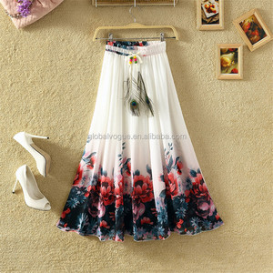 Hot New Plus Size Peacock Feather <strong>Silk</strong> Elastic Waist Big Bottom Printed Bohemia <strong>Skirt</strong> Women Full <strong>Long</strong> Chiffon <strong>Skirt</strong> - Product Image 3