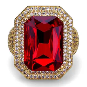 高品质嘻哈首饰手工制作打入冷宫Ruby立方氧化锆红色宝石镀金铜戒指男人