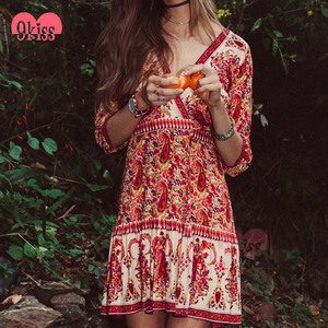 Encantador Floral Print Media <span class=keywords><strong>Manga</strong></span> Cuello En V Profundo Vestido de Verano Informal - Product Image 2