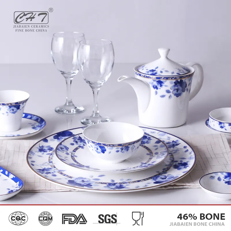 Hôtel utilisé vaisselle bleu et blanc porcelaine plaques porcelaine dîner ensemble pour vente