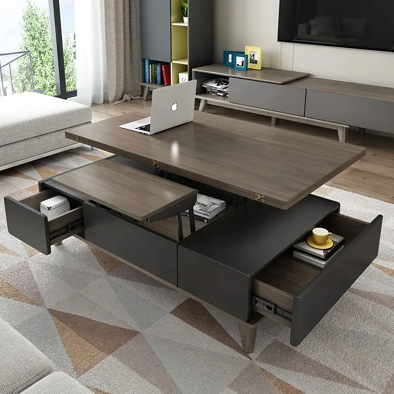 American Style Modern Extendable Storage Wooden Lifting Adjustable Height Black Coffee Table Furniture