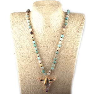 Collar con colgante de cabeza de amazonita Natural para mujer, colgante de cristal anudado con calavera de búhos, cuerno de toro - Product Image 5