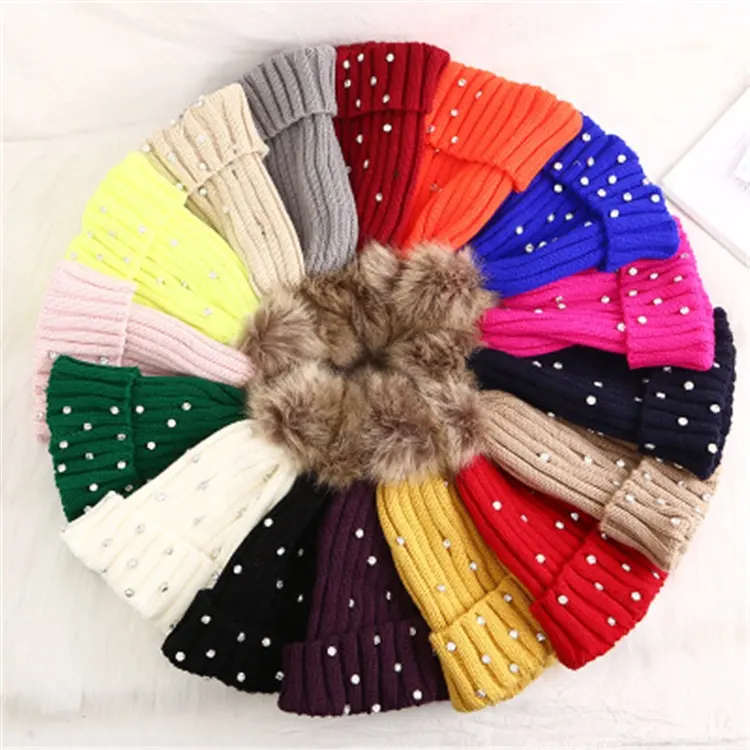Wholesale High Quality Woolen Colorful Women Pearl Spot Drill Winter Knitted Cap With Fur Ball