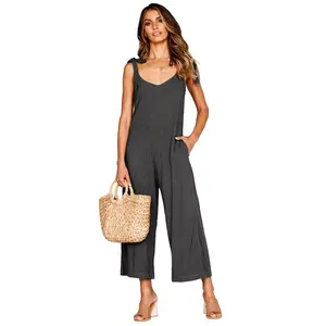 ขายส่งร้อนผ้าลินินกระเป๋ายาวขากว้าง Romper Strappy กระโปรง Overalls ปรับ Casual หลวม Jumpsuit สำหรับสุภาพสตรี