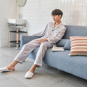 Maschio casa di abbigliamento allentato indumenti da notte degli uomini classico Raso di seta Pigiama Lungo Button-Down Pj Set Indumenti Da Notte Loungewear - Product Image 4