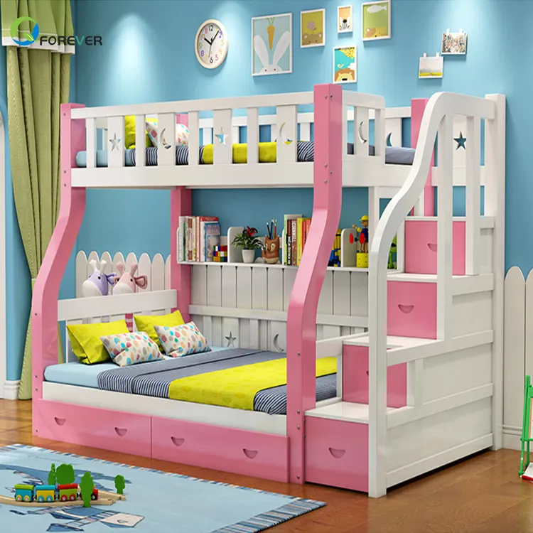 다기능 침실 단단한 나무로 되는 침실 가구 두 배 침대 아이를 위한 책상을 가진 분홍색 파란 브라운 백색 이층 침대