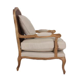 Poltrona in Legno Massello Stile Antico Francese Rustico Direttamente dalla Fabbrica con Schienale in Rattan e Rivestimento in Tessuto Beige - Product Image 4