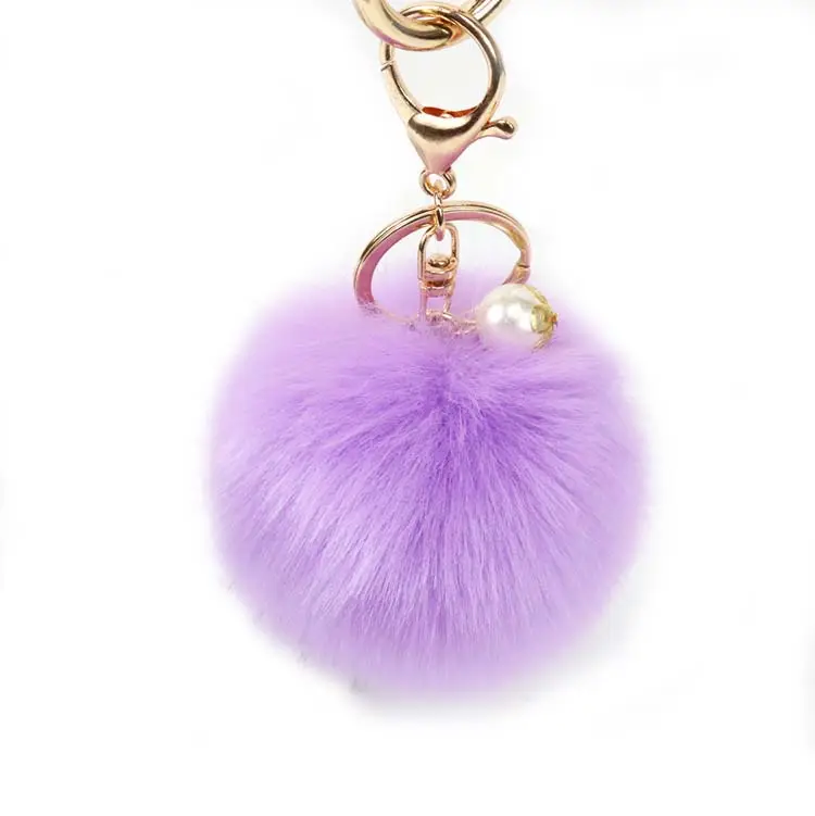 2022 Hot sale Pink fur pompom keychain with pearl /genuine fur pom poms/fox fur pom poms keyrings