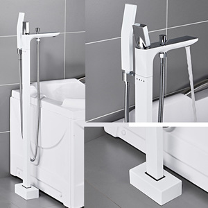 Robinet de baignoire thermostatique en laiton blanc huilé sur pied avec douchette à fonction massage pour salle de bain - Product Image 1