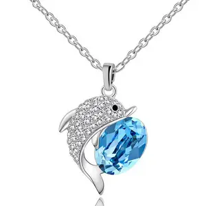 Nieuwe Collectie Mode Grote Strass Kristal Blauwe Dolfijn Hanger Ketting Voor Vrouwen Leuke Zoete Mooie Dier Sieraden Gift