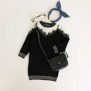 New Design Girl Sweater Korean Style Black Color Knee Length Sweater With Lace Alibaba Stock