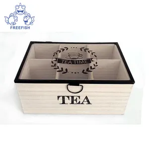 Wood Tea Box Storage Organizer Wooden Tea Box 6-Compartment Tea Coffee Storage Box Japanning and Silk-screen