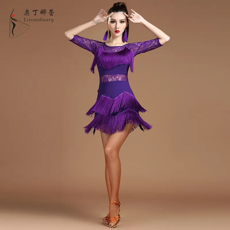 Vestido de competición de baile latino para mujer, borla, seda de leche, Cha, Rumba, Samba, Jive, Salsa, vals, ropa de baile