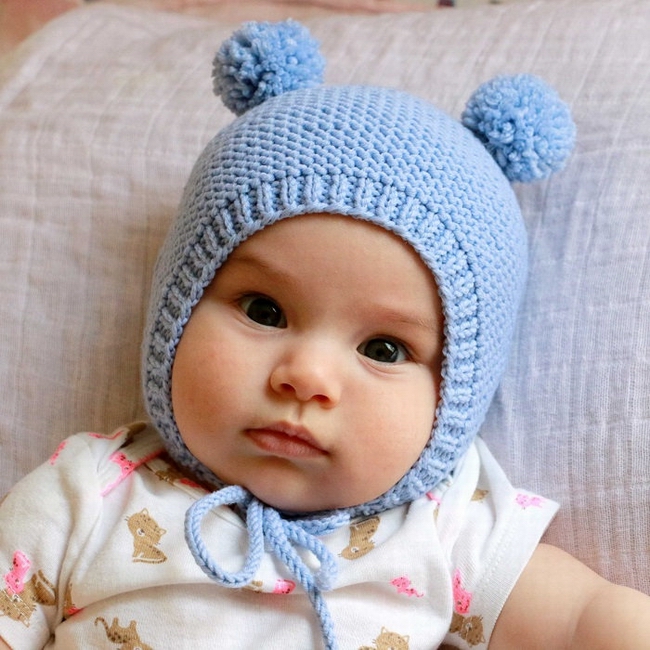 S3371新デザイン手編み新生児ニットベビーボンネットポンポン付き卸売