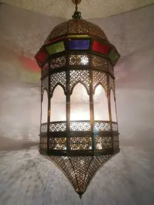 Lámpara colgante de latón antiguo marroquí, grande, hecha a mano