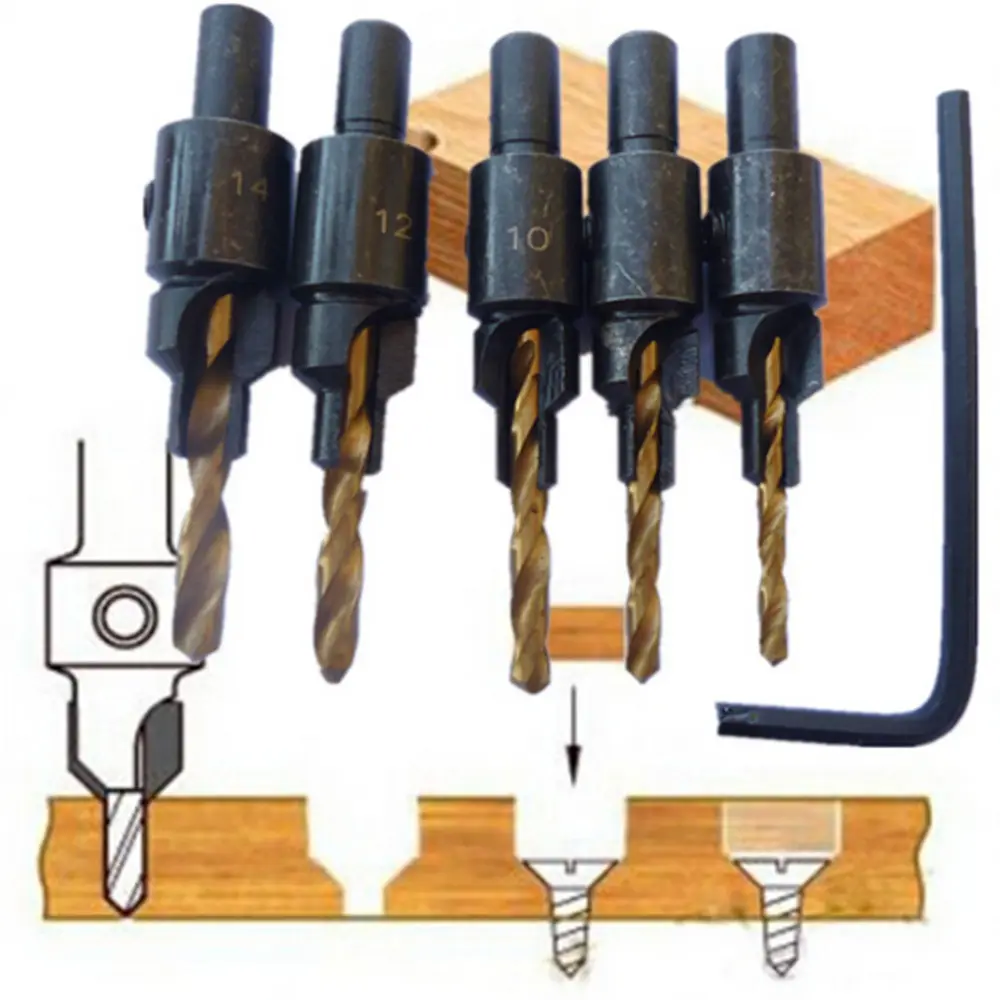 5 unids taladro carpintería BIT SET perforación pilot agujeros para tornillos tamaños #6 #8 #10 #12 Y #14