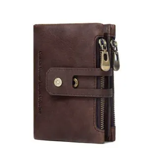 Fashion Retro Double Zipper Buckle Men's Wallet Leather Crazy Horse Bag Casual Purse Women Wallet