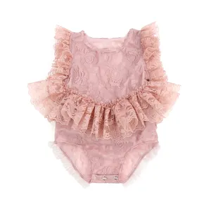 Vente en gros de barboteuse d'été pour bébés filles, tulle floral à volants en dentelle, combinaison élégante sans manches pour filles