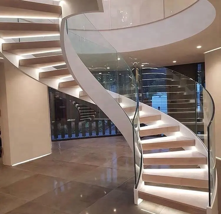 Escaleras curvas de viga de madera de acero residencial interior de alta calidad de diseño moderno