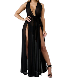 See Through High Split Deep <strong>v</strong> <strong>Neck</strong> Transparent Maxi <strong>Dresses</strong> for Beach - Product Image 5