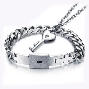 Modieuze Ontwerpen Concentrische Lock Armband En Sleutel Hanger Ketting Paar Liefde Rvs Sieraden Set