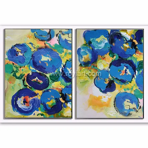 Lot de 2 grandes peintures contemporaines abstraites originales sur toile bleu jaune vert rouge rose