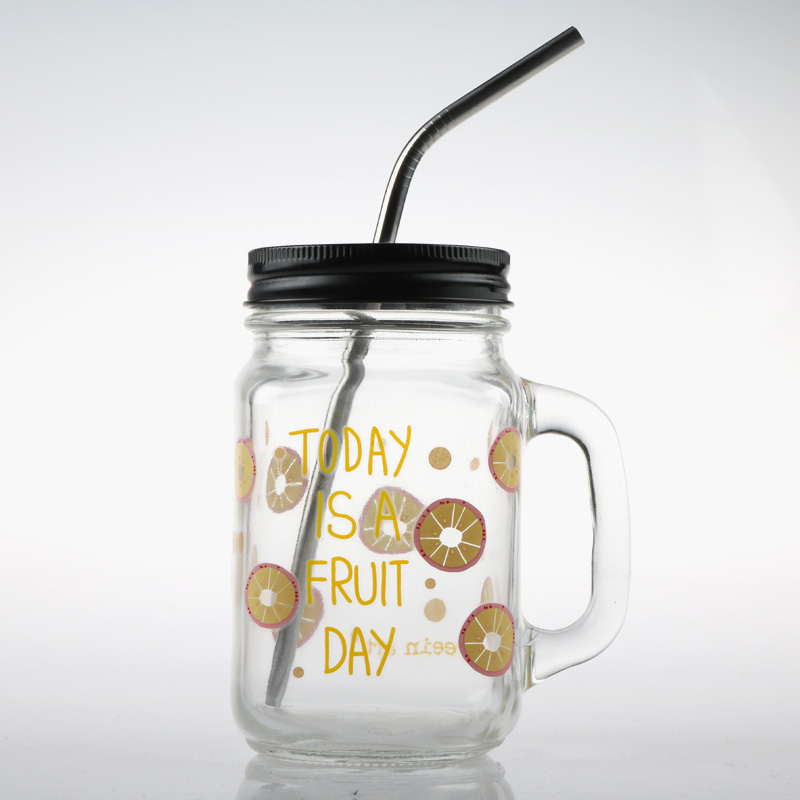 With custom printing and stainless steel straw 16oz glass mason jar