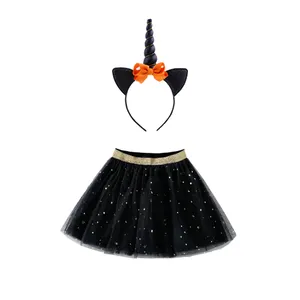 हैलोवीन पार्टी बच्चों बेबी टूटू स्कर्ट पोशाक + गेंडा सींग हेडबैंड सेट जन्मदिन की पार्टी आउटफिट ब्लैक स्कर्ट लड़कियों के लिए