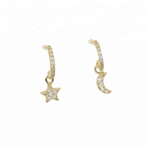 925纯银精致时尚女性饰品铺装锆石可爱可爱月亮星星耳环