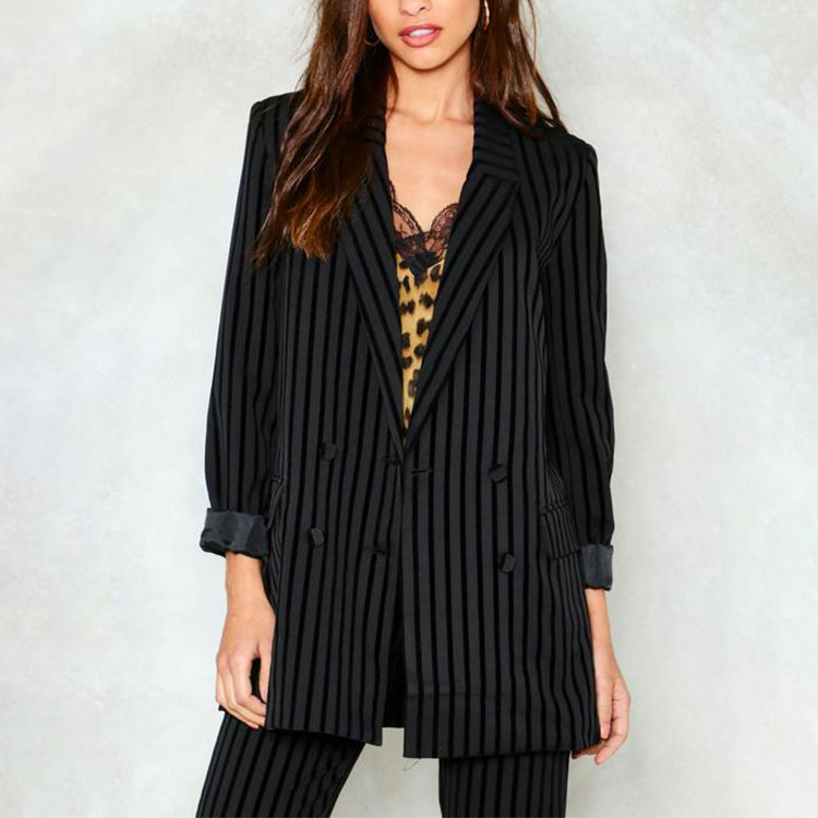 2019 Autumn Winter Guangzhou Latest Striped Velvet Office Blazer Jacket Ladies Cotton Design