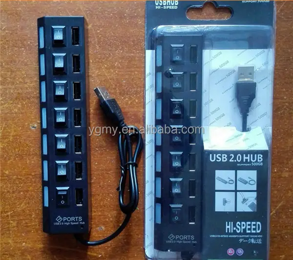 Divisor de luz de led com 7 portas usb 2.0, adaptador hub, interruptor de ligação/desligação para pc, laptop e notebook