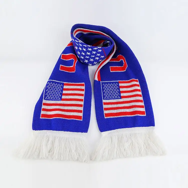 High quality soft OEM usa national flag word printing competition supporter blue football soccer fan acrylic knit tassel scarf