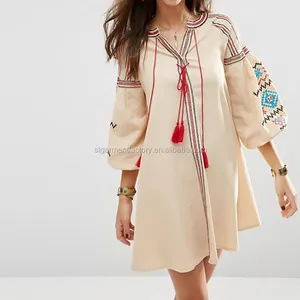 Bohemian Women Tassel Dress Hand Embroidered Casual Loose Skirt Plus Size Summer Lantern Sleeves Dresses Clothes STb-015