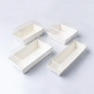 Grosir kotak kemasan 55-Bakest Kotak Kemasan Kertas Roti Persegi Baki Kraft Putih Sekali Pakai dengan Tutup Plastik