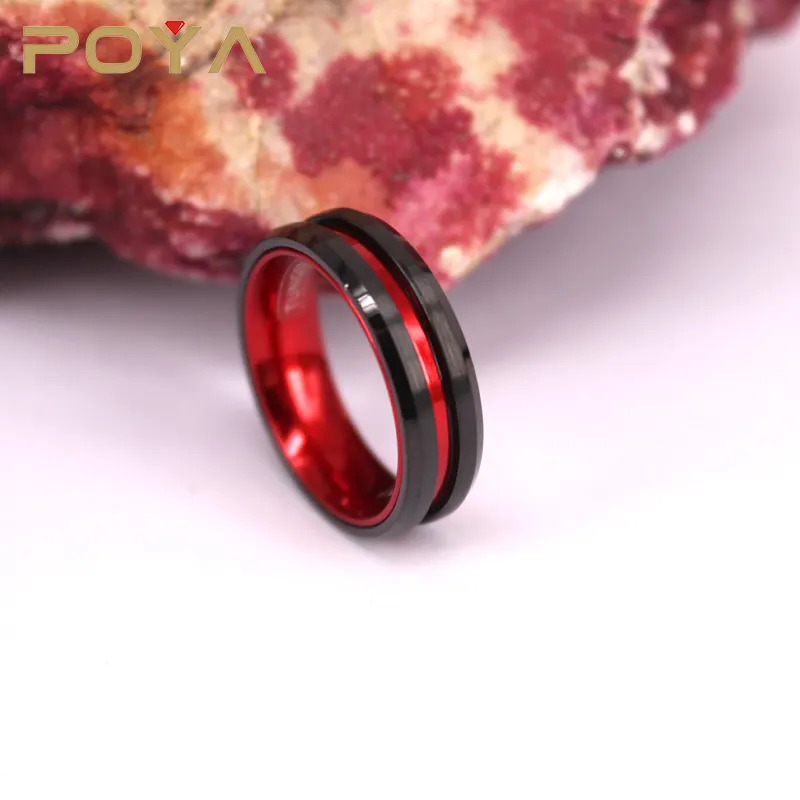 POYA Schmuck 6mm Schwarz Wolfram Ring für Männer Frauen Matt Abgeschrägte Kante Hochzeit Band w/Rot Eloxiert aluminium Hülse