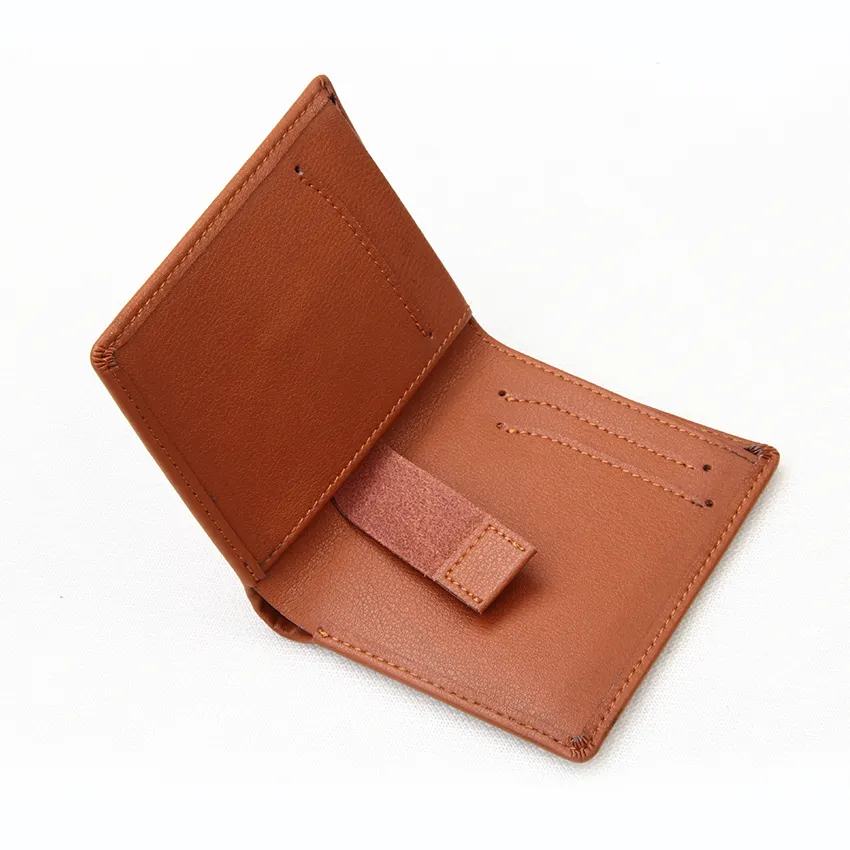 Factory custom thin plant-tanned leather RFID block minimalist card double fold travel thin wallet