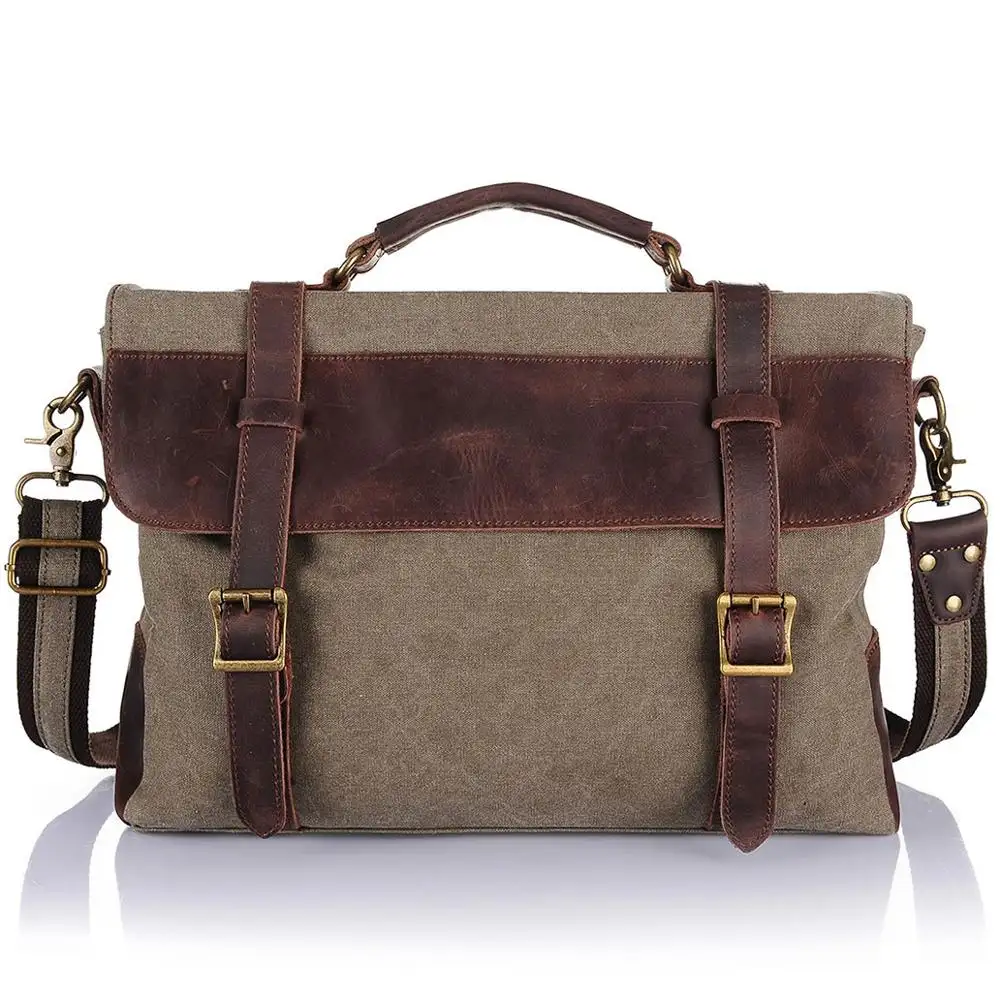 Wholesale design unisex washed canvas leather trim laptop tote satchel message shoulder bag for men