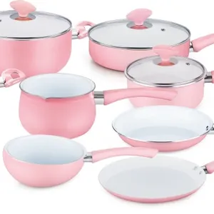 Juego de utensilios de cocina con recubrimiento de cerámica y aluminio prensado en rosa, sartén, cazuela, sartén con mango de baquelita